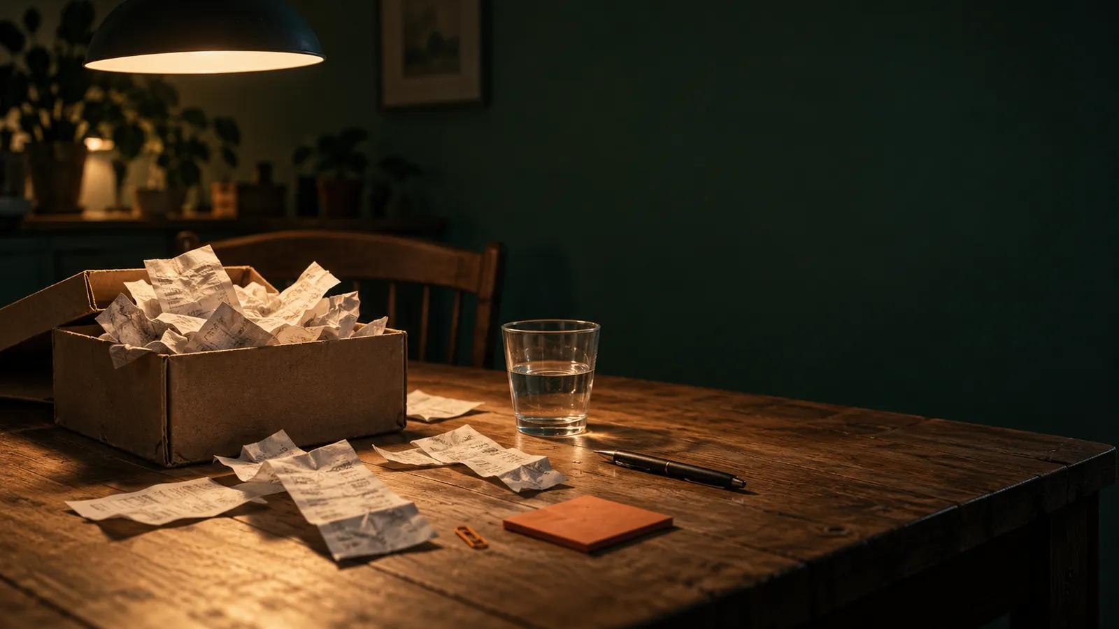 Een keukentafel in de avond met een doos vol bonnetjes onder de lamp
