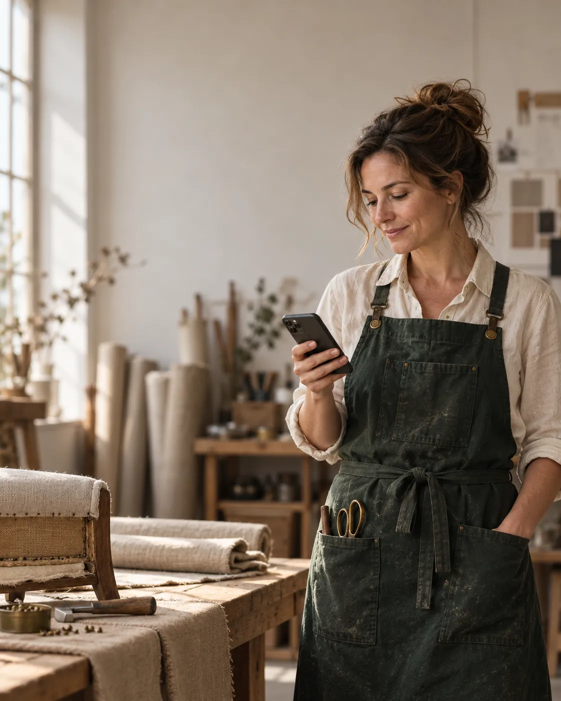 Een stoffeerder in haar werkplaats kijkt glimlachend op haar telefoon